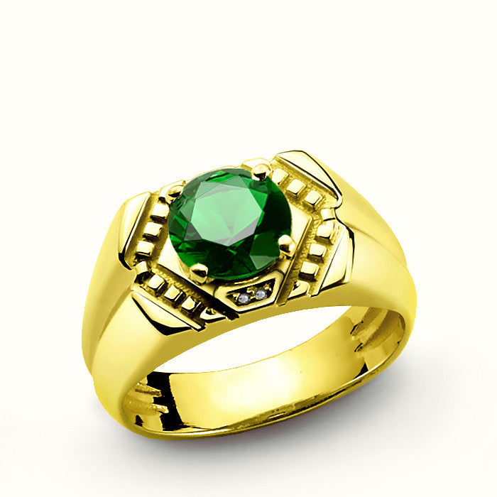 Men's Ring with Green Emerald and Diamonds in 14k Yellow Gold – J F M