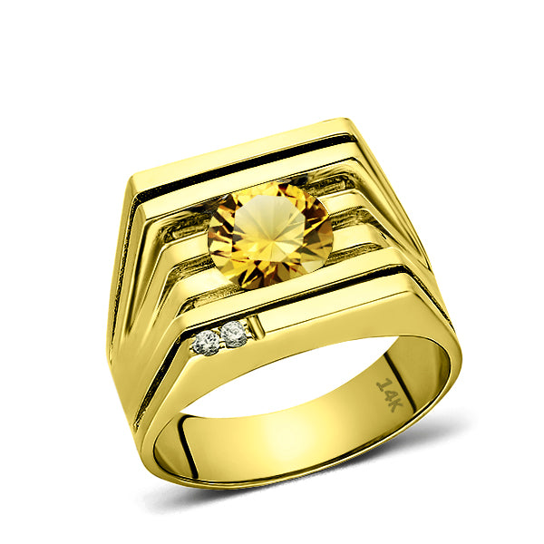 Mens Ring REAL Solid 14K YELLOW GOLD with Citrine and 2 DIAMOND Accent ...