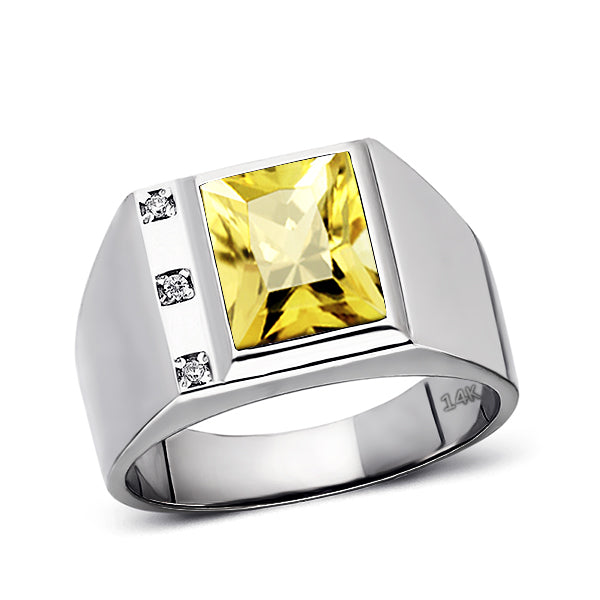 Solid 14K White Gold Citrine Mens Ring 0.06ct Natural Diamonds Ring fo ...