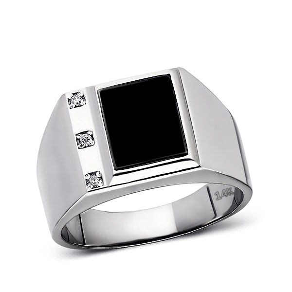 Mens Solid 14K White Gold Black Onyx Ring 0.06ct Natural Diamonds Ring ...