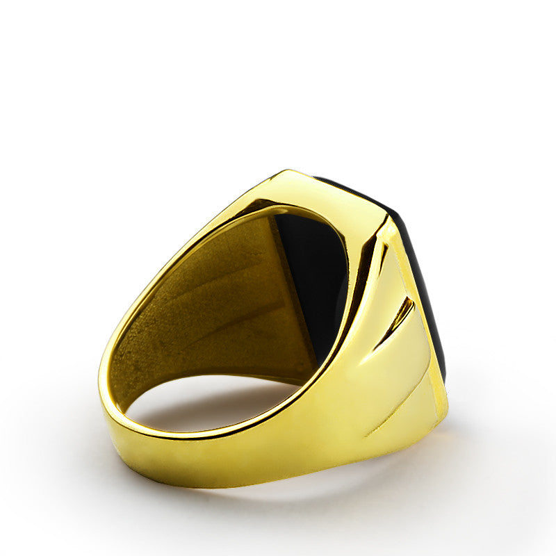 Men's Ring with Black Onyx in 14k Yellow Gold, Natural Stone Ring for ...