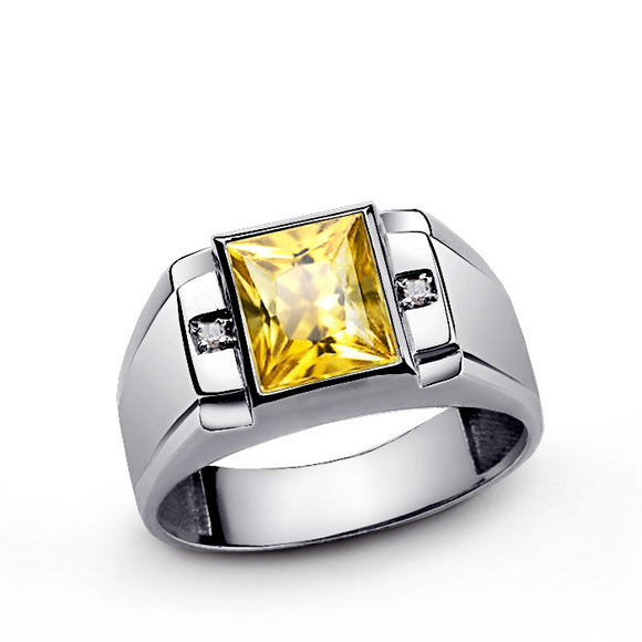 Yellow Citrine Gemstone Men's Ring with Diamonds in Sterling Silver