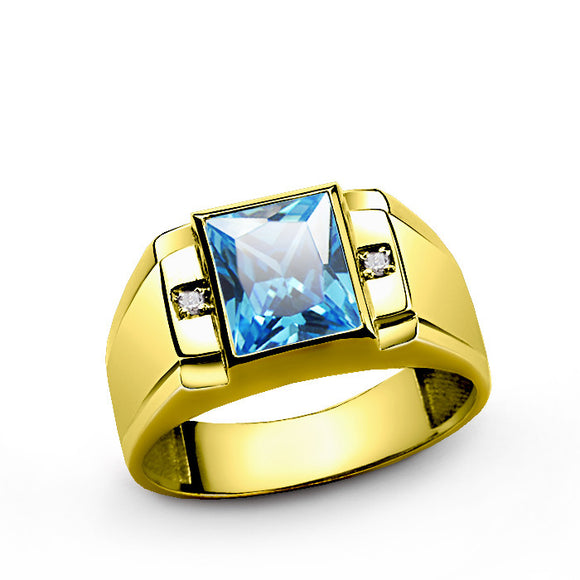 10k Yellow Gold Men's Ring with Blue Topaz and Genuine Diamonds
