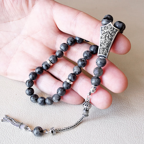 Thetasbih 33-Bead Tasbih Natural Hematine Stone 6mm Round Beads Without Dividers Prayer Beads Zikr Beads Muslim Rosary, White