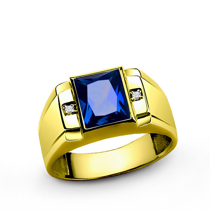 Men's Ring 14k Gold with Blue Sapphire and Genuine Diamonds, Statement ...
