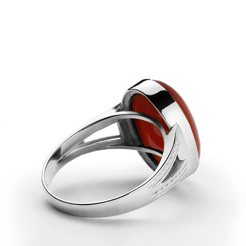 Men's Agate Ring in 925 Sterling Silver Natural Red Stone Pinky Band