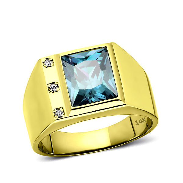 Mens Yellow 14K Gold Ring Blue Topaz Gemstone and Natural Diamonds Fin ...