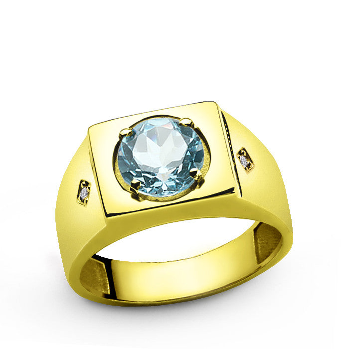 Men's Ring with Blue Topaz and Diamonds in 14k Yellow Gold – J F M
