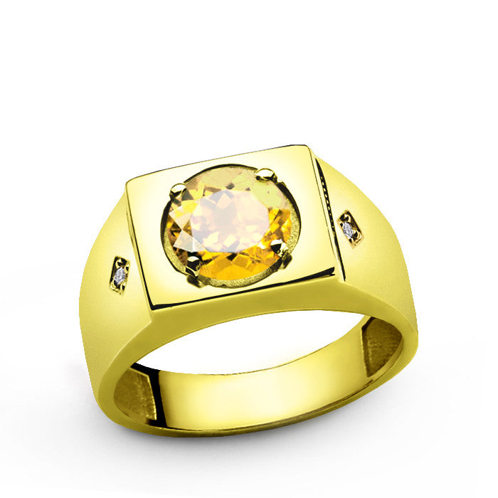 14k Yellow Gold Men's Diamonds Ring with Citrine Gemstone, Statement R ...