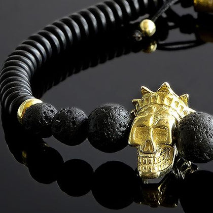 Mens Solid Gold Skull Bracelet with Onxy Beads and Diamond Eyes -  Proclamation