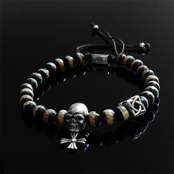 8mm Lava Rock Bead Bracelet w/ 3 Skulls and 2 Silver Beads | M / Black - King Baby Studio