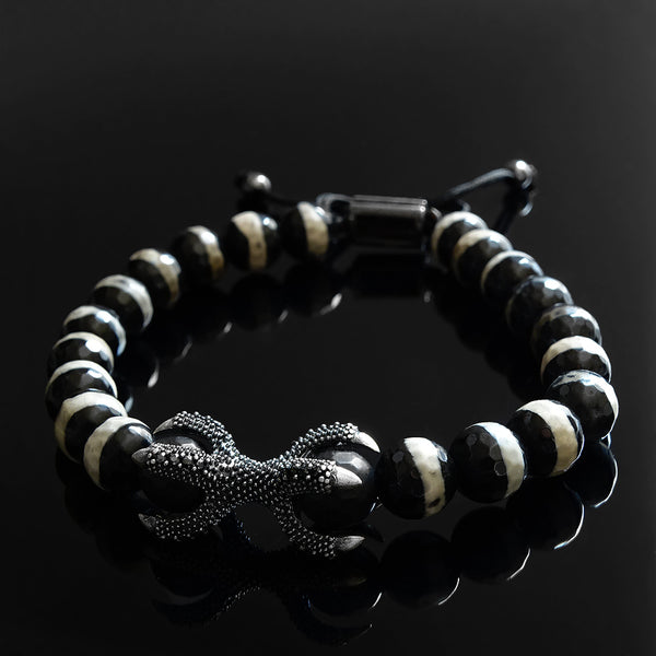 Mens Black Obsidian Pebble Beaded Bracelet Gold Accent Beads