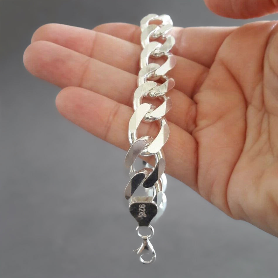 13mm Men's Solid 925 Sterling Silver Wide Cuban Chain Bracelet 9 inch