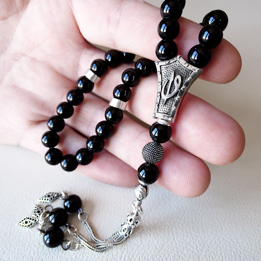 Onyx Gemstone Prayer Beads 925 STERLING SILVER Muslim Tasbih Islamic Rosary