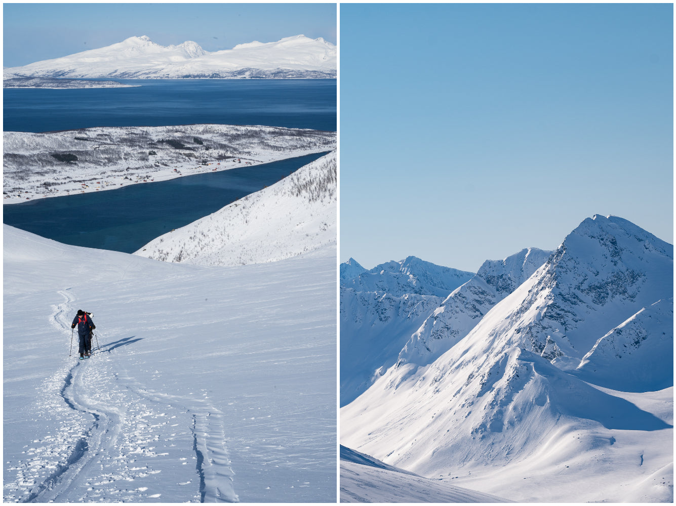 A skier touring on a beautiful sunny day in the snow-covered Lyngen Alps with the Lyngen Fjord in the background.