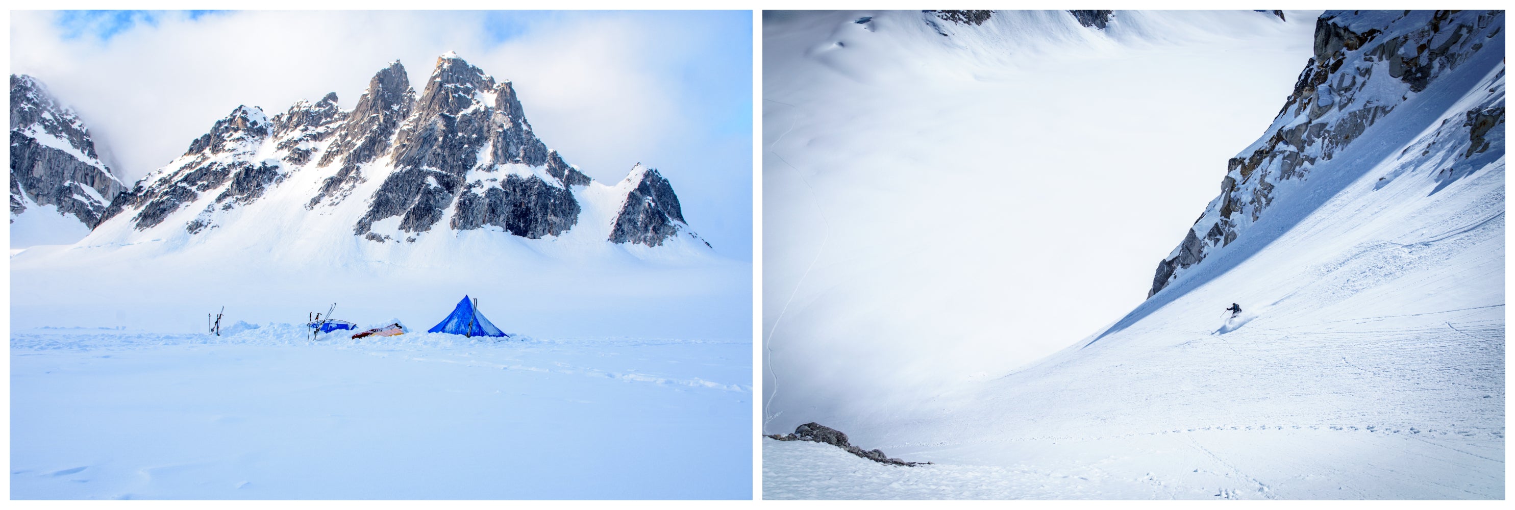 Collage of Adam and Caleb's base camp setup underneath the jagged mountains of the Alaskan Range, and Adam skiing down a steep couloir overlooking Pika Glacier.