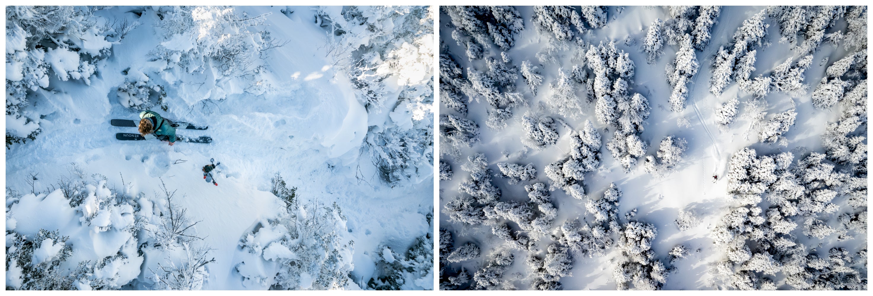 Adam and his ski tracks from above while touring in the snowy forest of Northern Vermont. 