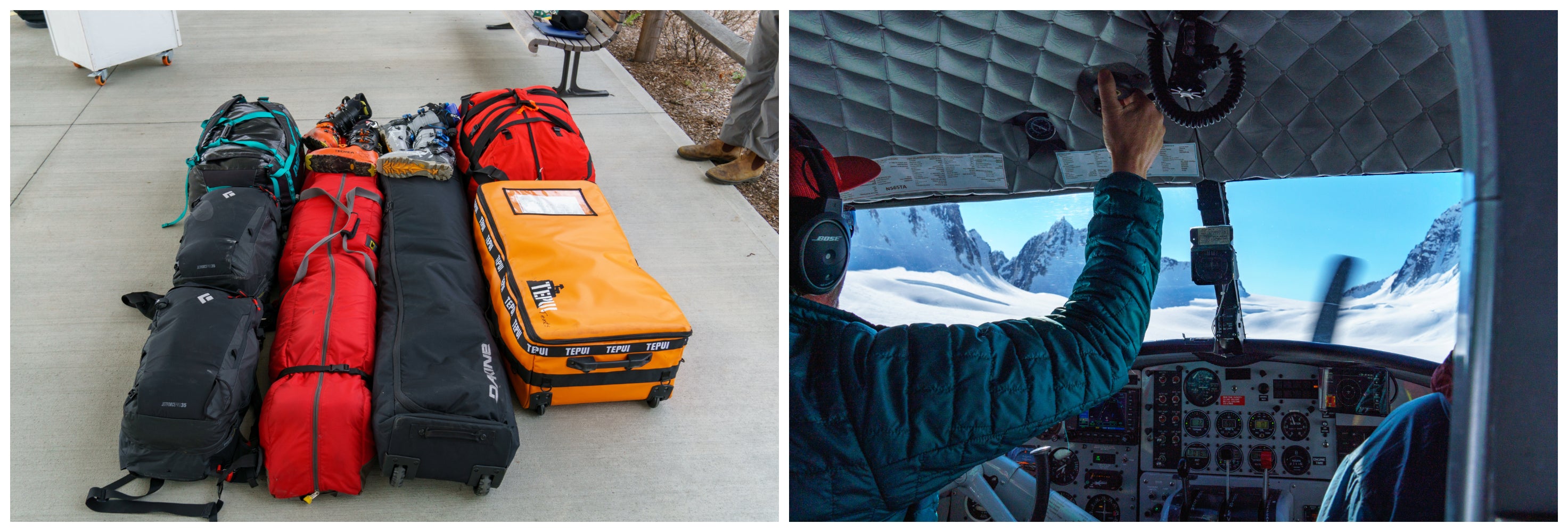 Collage of Adam and Caleb's large amount of gear packed and ready to fly to Alaska, and the view from the cockpit while flying from Talkeetna to Pika Glacier.