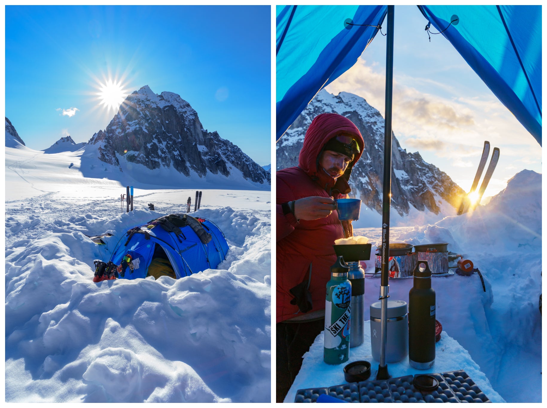 Collage of Adam and Caleb's basecamp set up on Pika Glacier, and the view of the surrounding mountains from the kitchen tent at base camp.