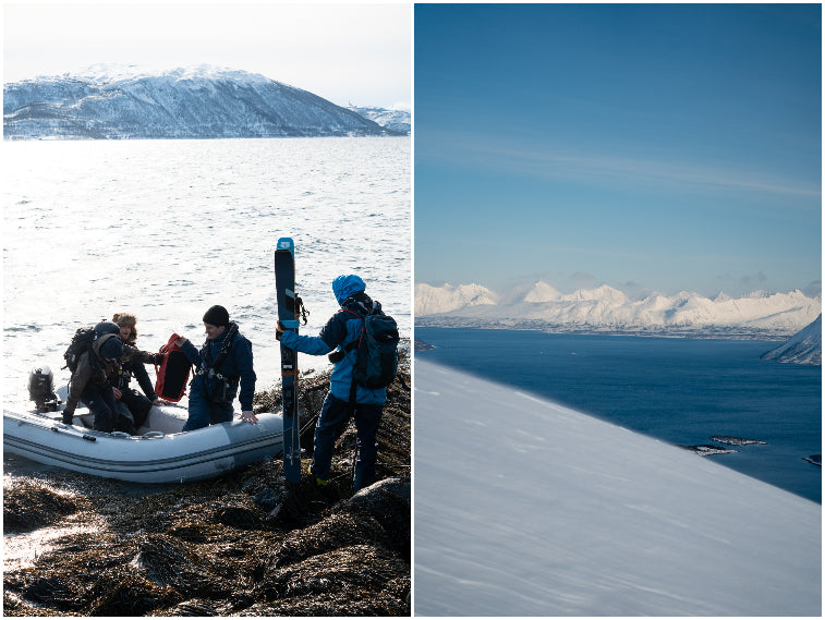 A collage with an image of the team getting off a dingy onto the shore with their ski gear, and a view of the snow covered mountains and fjord.