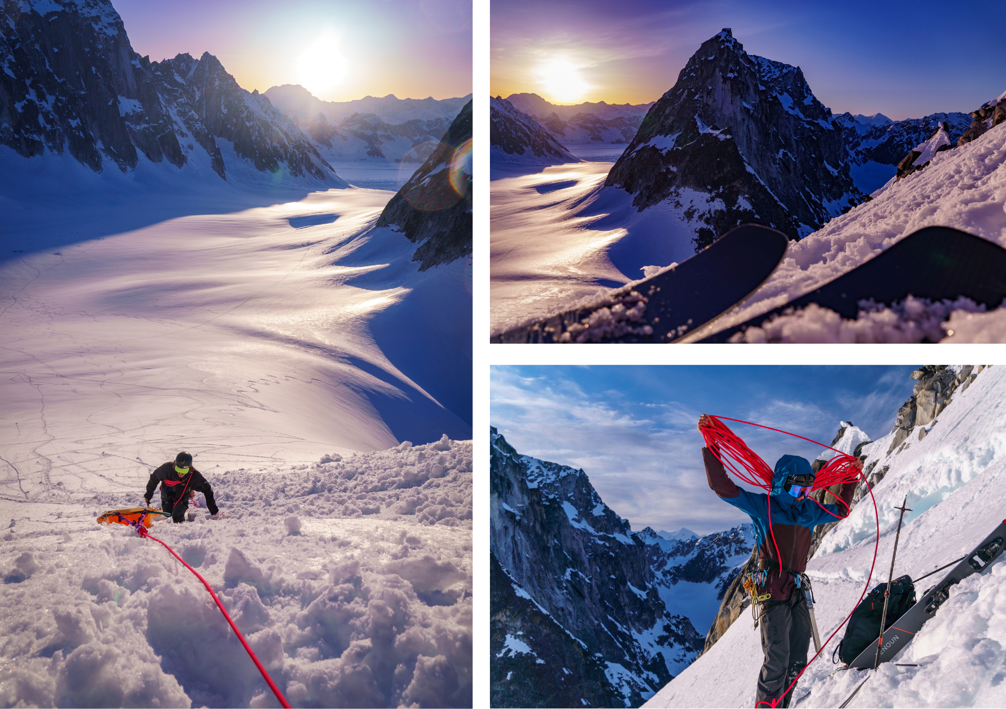 A collage of Adam and Caleb roped up and bootpacking up a couloir at sunrise, and Renoun's Citadel 106's and a view of the Alaska Range from the top of the couloir. 