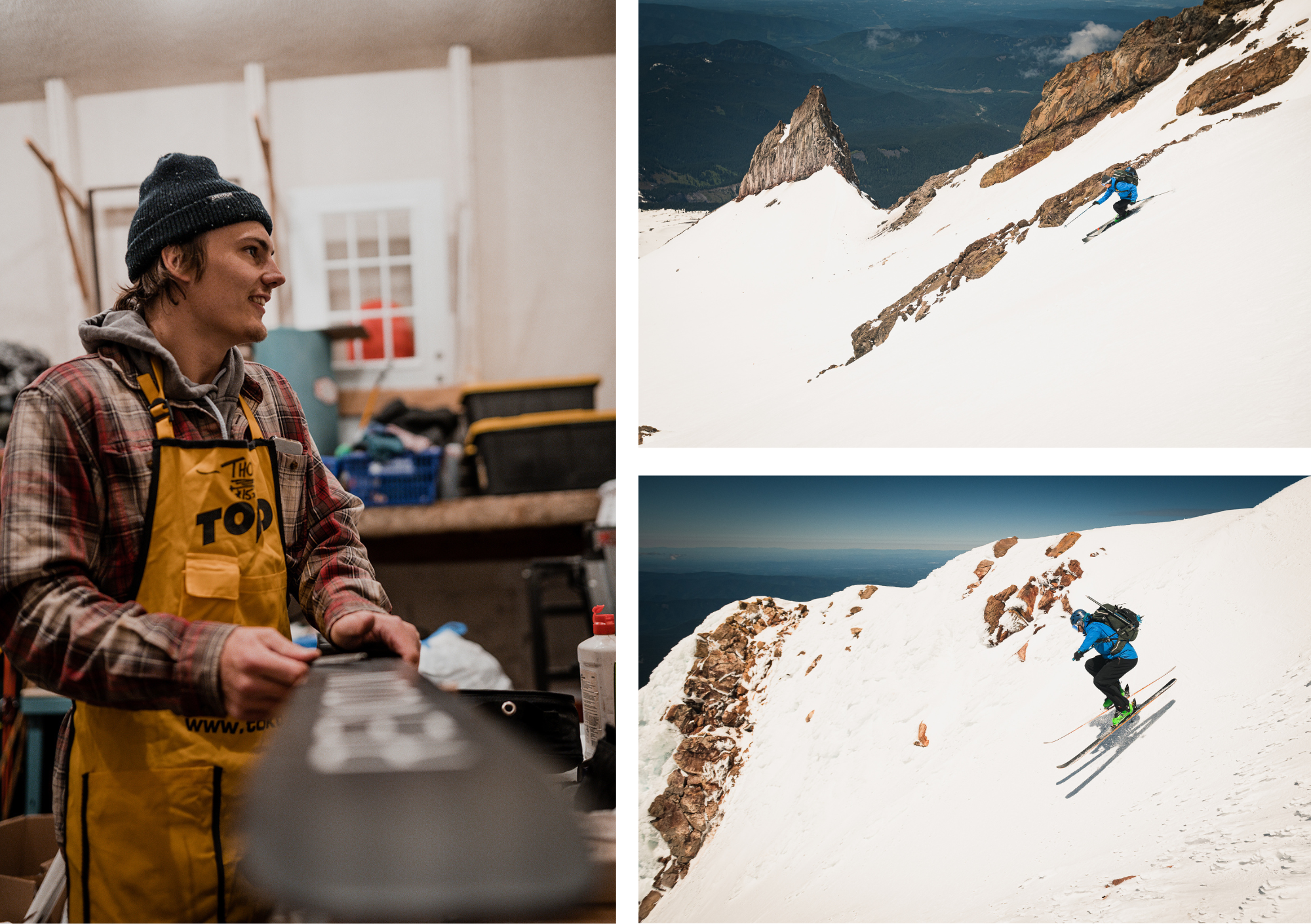 A collage of Thor tuning Renoun skis and skiing down from the summit of Mt. Hood.