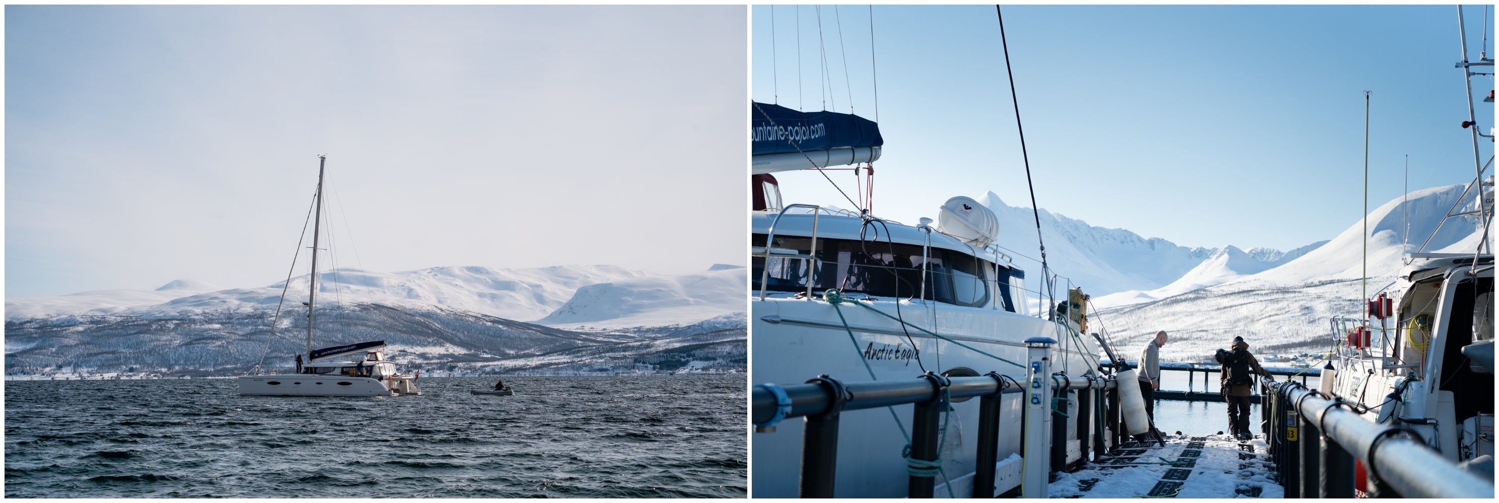 Collage of images of the Arctic Eagle, Max's 48 foot catamaran acting as their expedition vehicle for their ski trip in the Lyngen Alps.