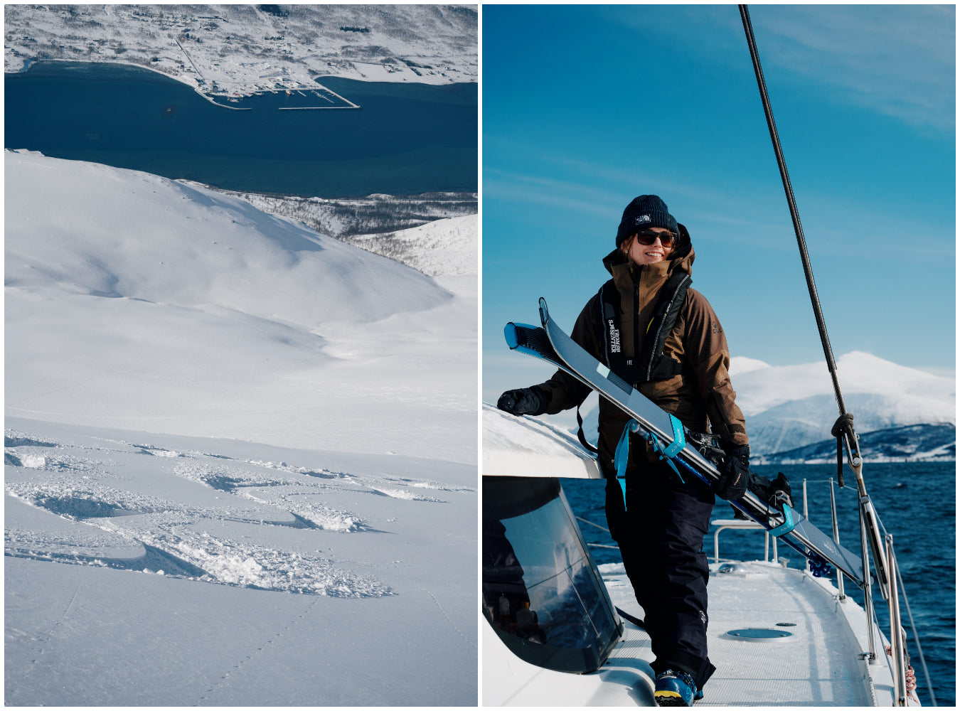 A collage including ski tracks in snow with a fjord in the background, and an image of a woman carrying a pair of Citadel 106 skis across the deck of a catamaran.