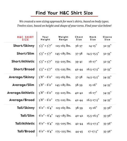 Neck Size Chart Dress Shirt