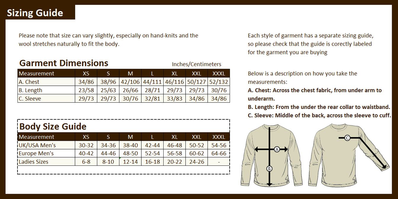 Carraig Donn Size Chart