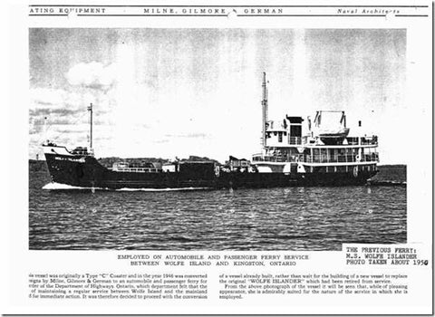 Photo: "Employed on automobile and passenger ferry service between Wolfe Island and Kingston, Ontario". M.S. Wolfe Islander, built in Collingwood, Ontario, 1946. Brian Johnson Collection With permission from Brian Johnson http://tilife.org/BackIssues/Archive/tabid/393/articleType/ArticleView/articleId/250/The-Wolfe-Islander-is-Missing.aspx