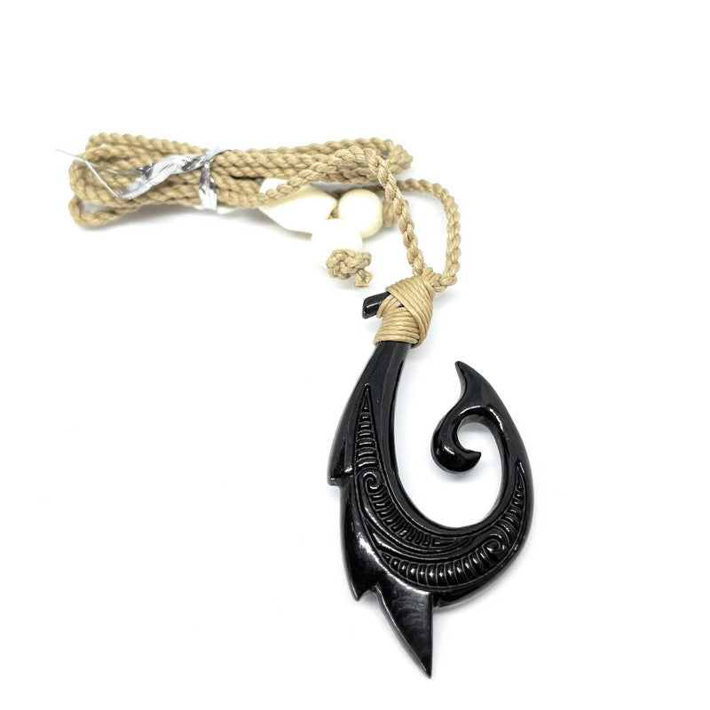 Black Bone Fish Hook with Carving Necklace 32x50mm – Makani Hawaii