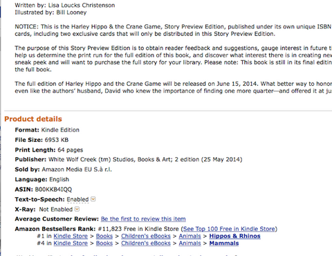 Harley Hippo & the Crane Game by Lisa Loucks-Christenson and Illustrated by Bill Looney hits #1 on Amazon