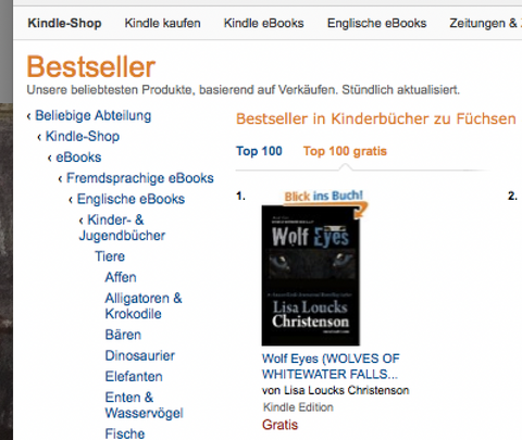 Lisa Loucks-Christenson's WOLF EYES, Book 4, Wolves of Whitewater Falls series hits #1 in Germany