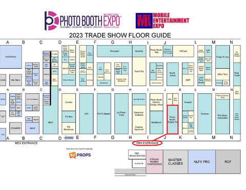 Map of the exhibit hall floor for PBX 2023 with the PBSCO booth outlined in red.