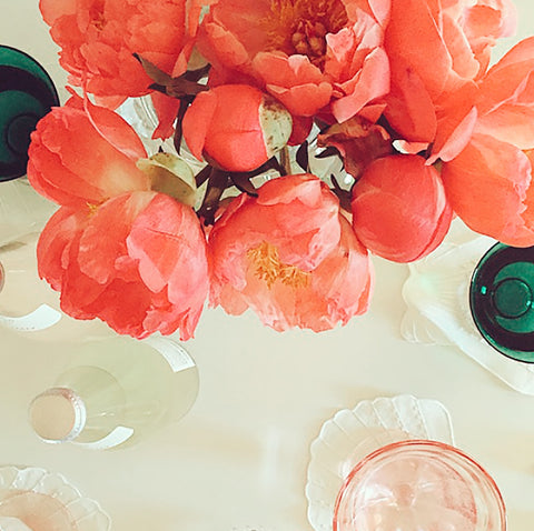 Coral Peonies, Pink Glasses, Green Glasses White Linen Seashell Linen Napkins Bridal Shower 