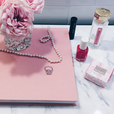 Jane Summers Blog Family heirlooms pearls, engagement ring, perfume, lip color, nail polish, English Garden Roses, Crystal vase