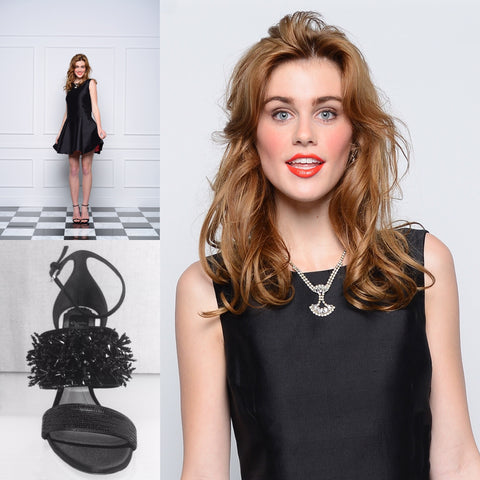 Jane Summers Madeline Little Black Cocktail dress with melon lining, Christian Dior Jet Beaded Stiletto Sandals and Gatsby inspired necklace