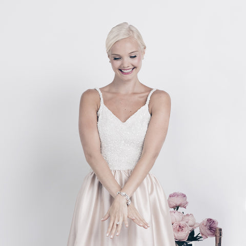 Jane Summers Sydney Sequin and Blush silk spaghetti strap sweetheart neckline short fit and flare Engagement Photo, Wedding Reception and After party bridal cocktail dress
