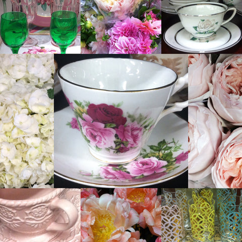 Jane Summers Bridesmaid Luncheon and Bridal Shower Tea party tea cups, flowers, roses, peonies and dahlias