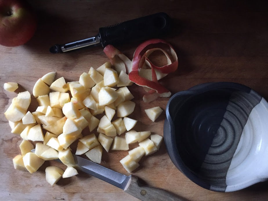 Apple Crisp Brie Baker Recipe in progress chopped apples