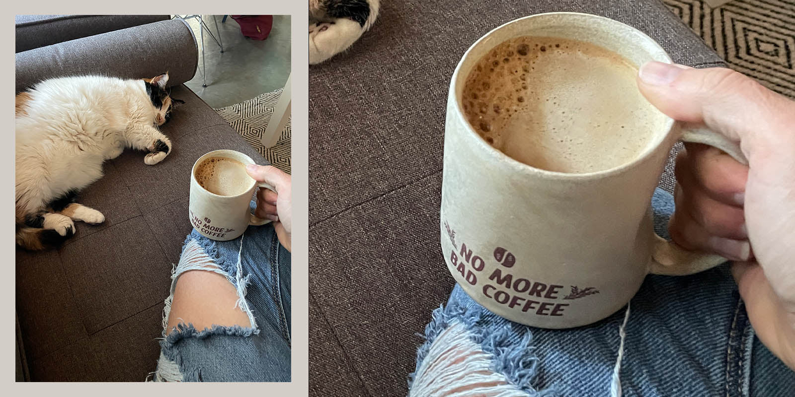 top view image of a woman's leg in torn jeans with a coffee cup on her knee. Sitting on a gray sofa with a sleeping calico cat nearby