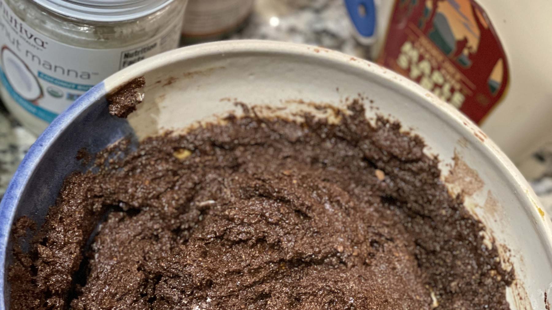 carob gluten free aip brownie recipe in the handmade Gravesco Pottery mixing bowl