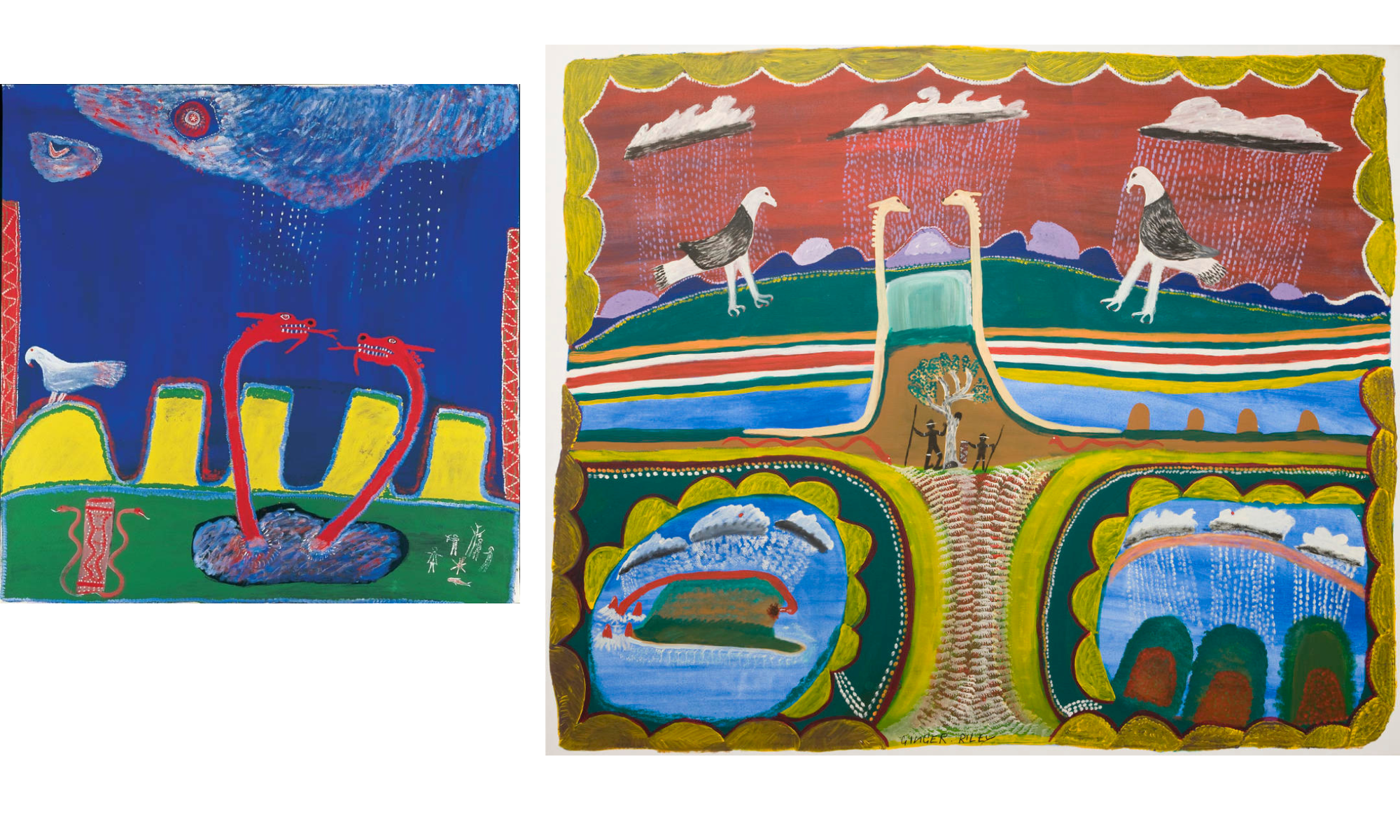 Zwei Aborigine-Kunstwerke von Ginger Riley Munduwalawala