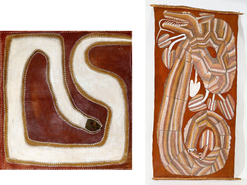 Two Aboriginal paintings depicting the Rainbow Serpent