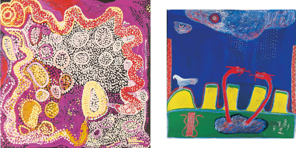 zwei Aborigine-Gemälde mit der Regenbogenschlange