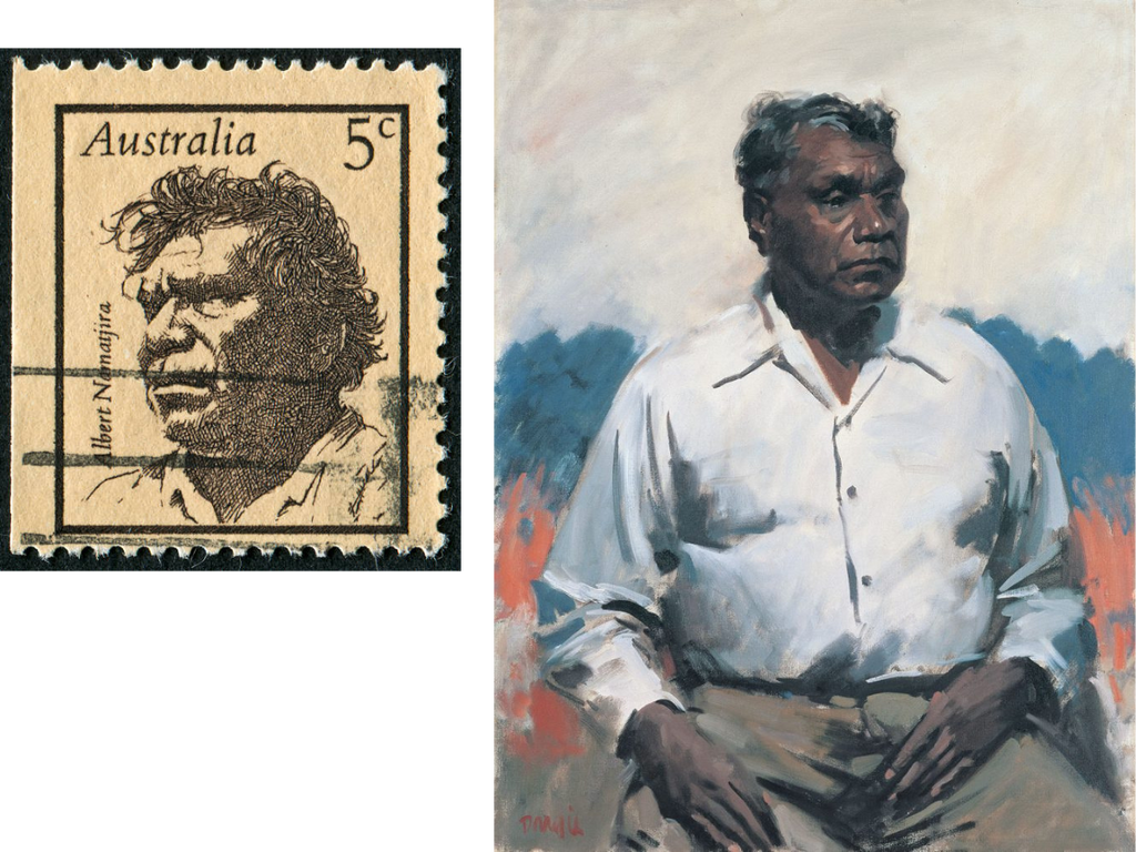 Porträt von Albert Namatjira und seinem Bild auf einer Briefmarke