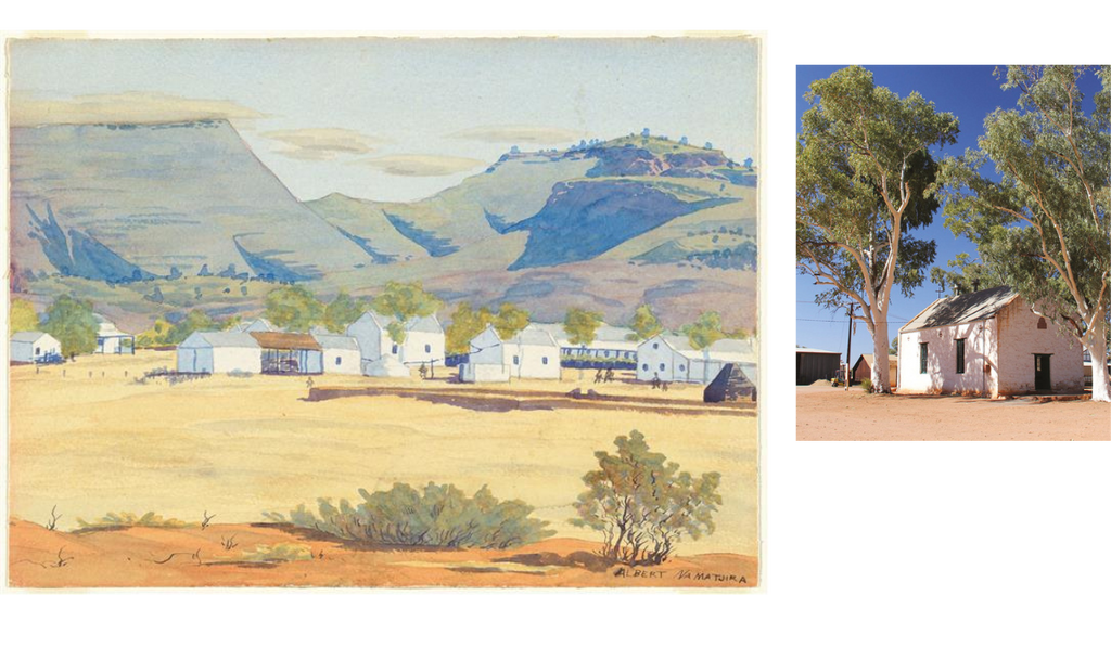 A painting of Hermannsburg mission by Albert Namatjira and a photograph of one of the buildings