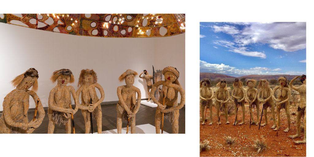 Two photographs of the Tjanpi Desert Weavers artworks for the exhibition Know My Name at the National Gallery of Australia