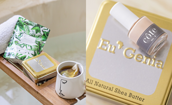 Eu'Genia tin in right image with Cote Nail Polish, and with a mug of tea on a wooden table above a tub on the left